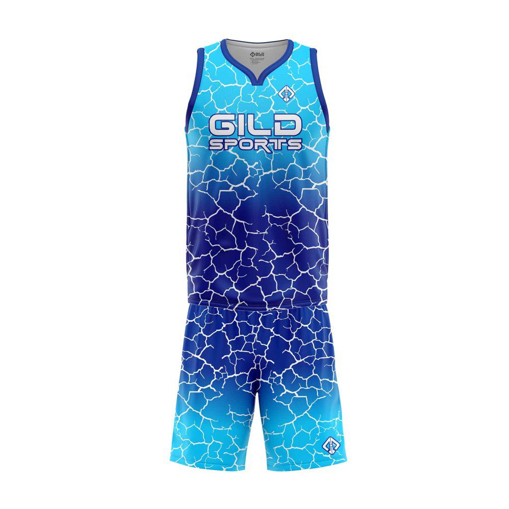 Front view Sky and Navy Blue color custom design basketball uniforms by gild sports