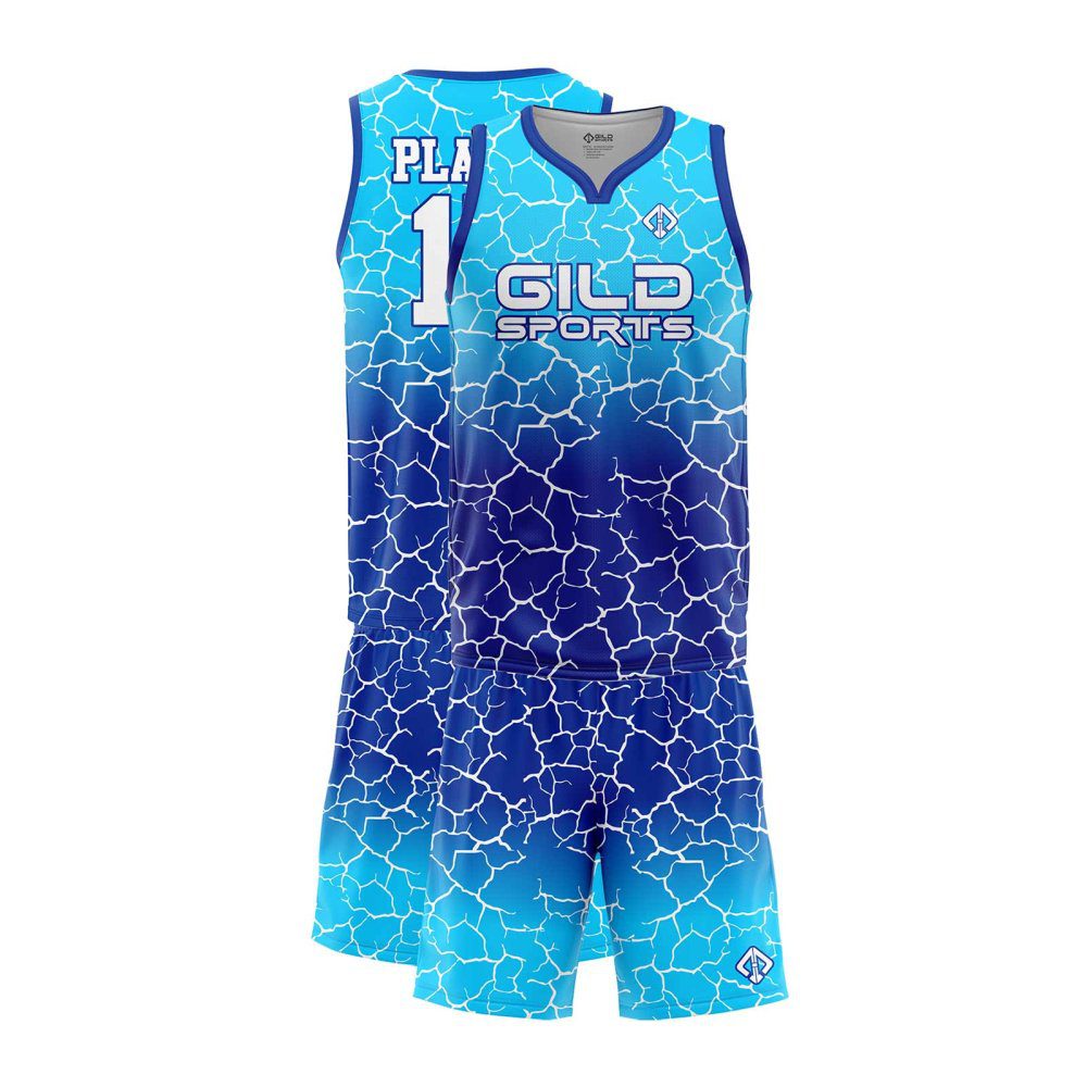 Sky and Navy Blue color custom design basketball uniforms by gild sports