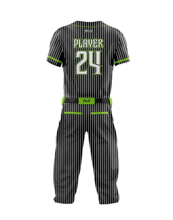 Back view in pine stripe black and green color cheap custom baseball uniform