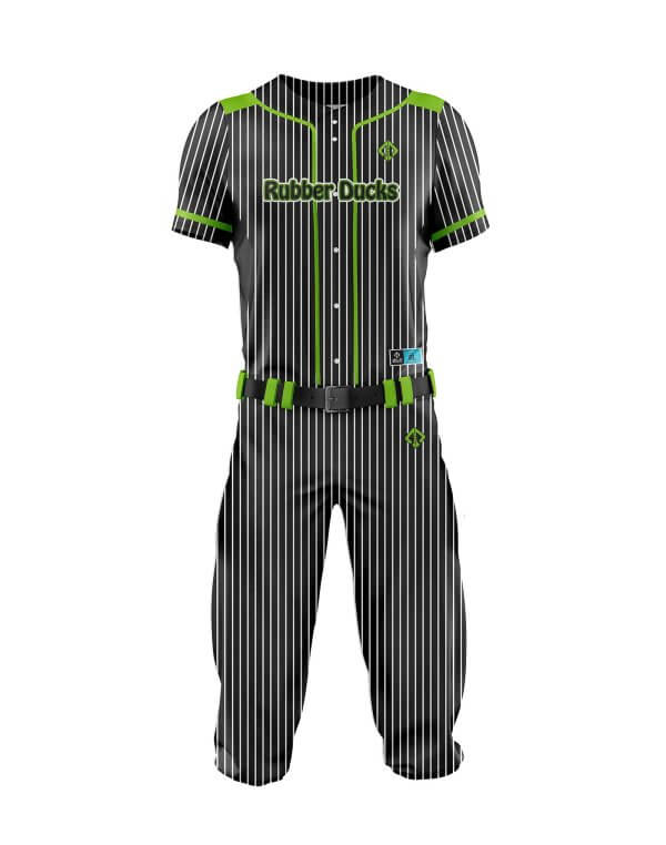 Front view in pine stripe black and green color cheap custom baseball uniform