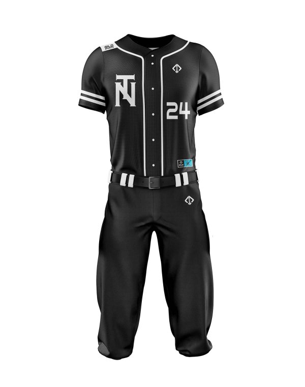 Front view in black color custom baseball apparel uniform