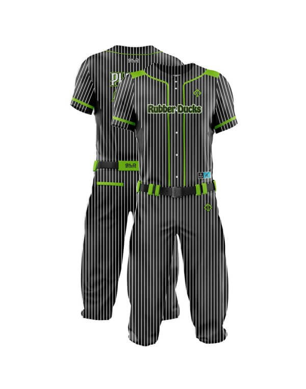 Double view in pine stripe black and green color cheap custom baseball uniform