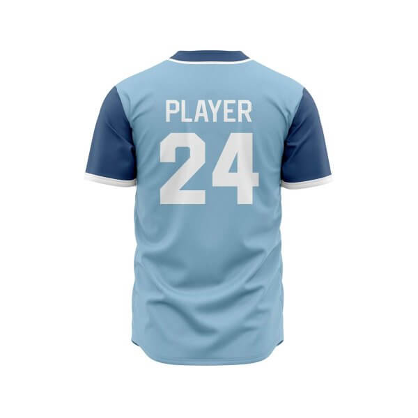 Back view in sky and navy color baseball jersey