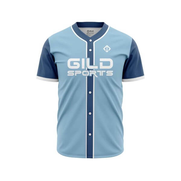 Front view in sky and navy color baseball jersey