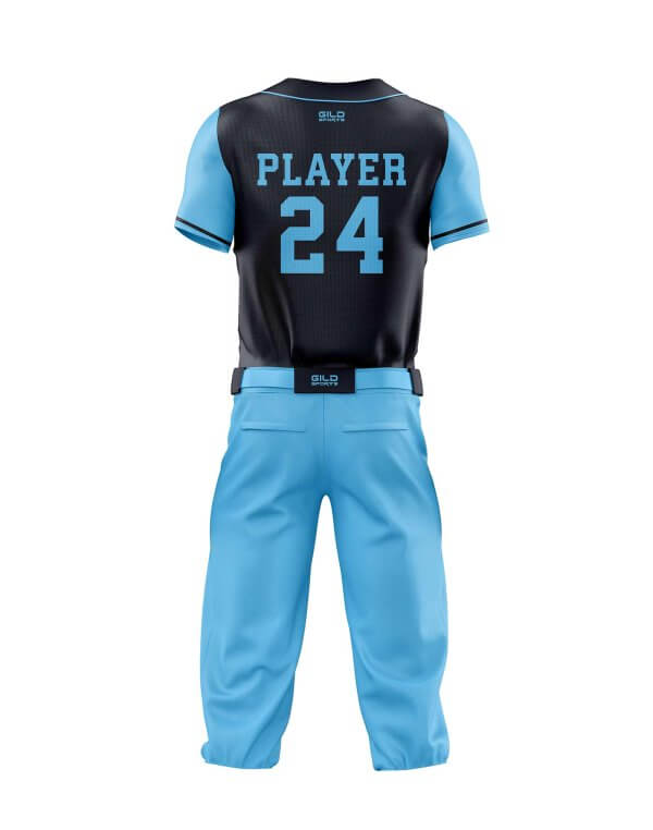 Back view in navy and sky color coolest baseball uniforms