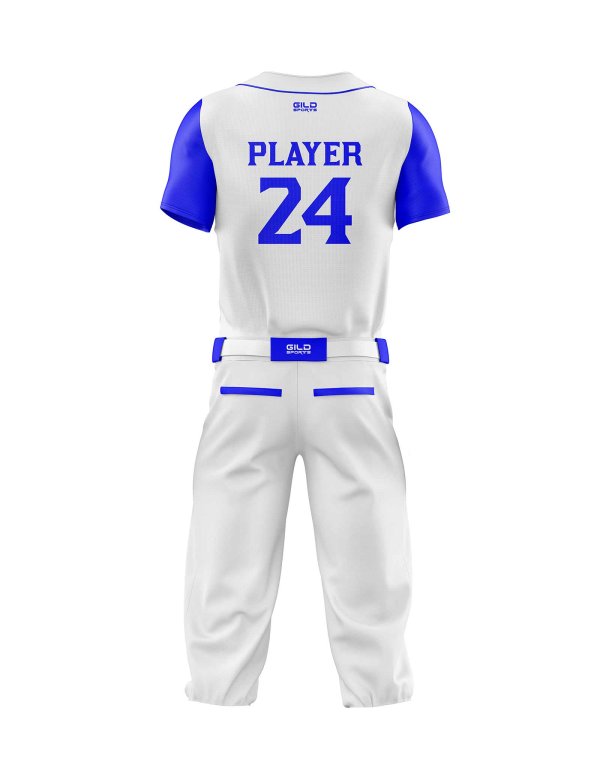 Back view in royal and white color baseball gear set