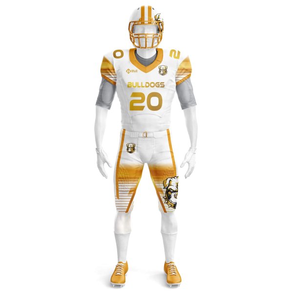 Front view of football game jerseys & pants