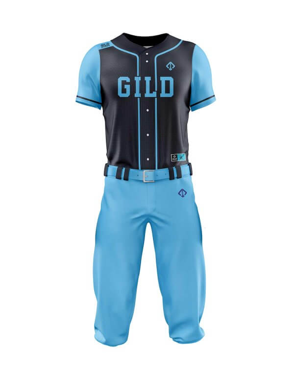 Front view in navy and sky color coolest baseball uniforms