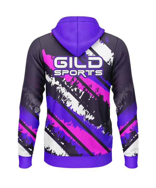 Back view purple and black cheap custom hoodies by gild sports