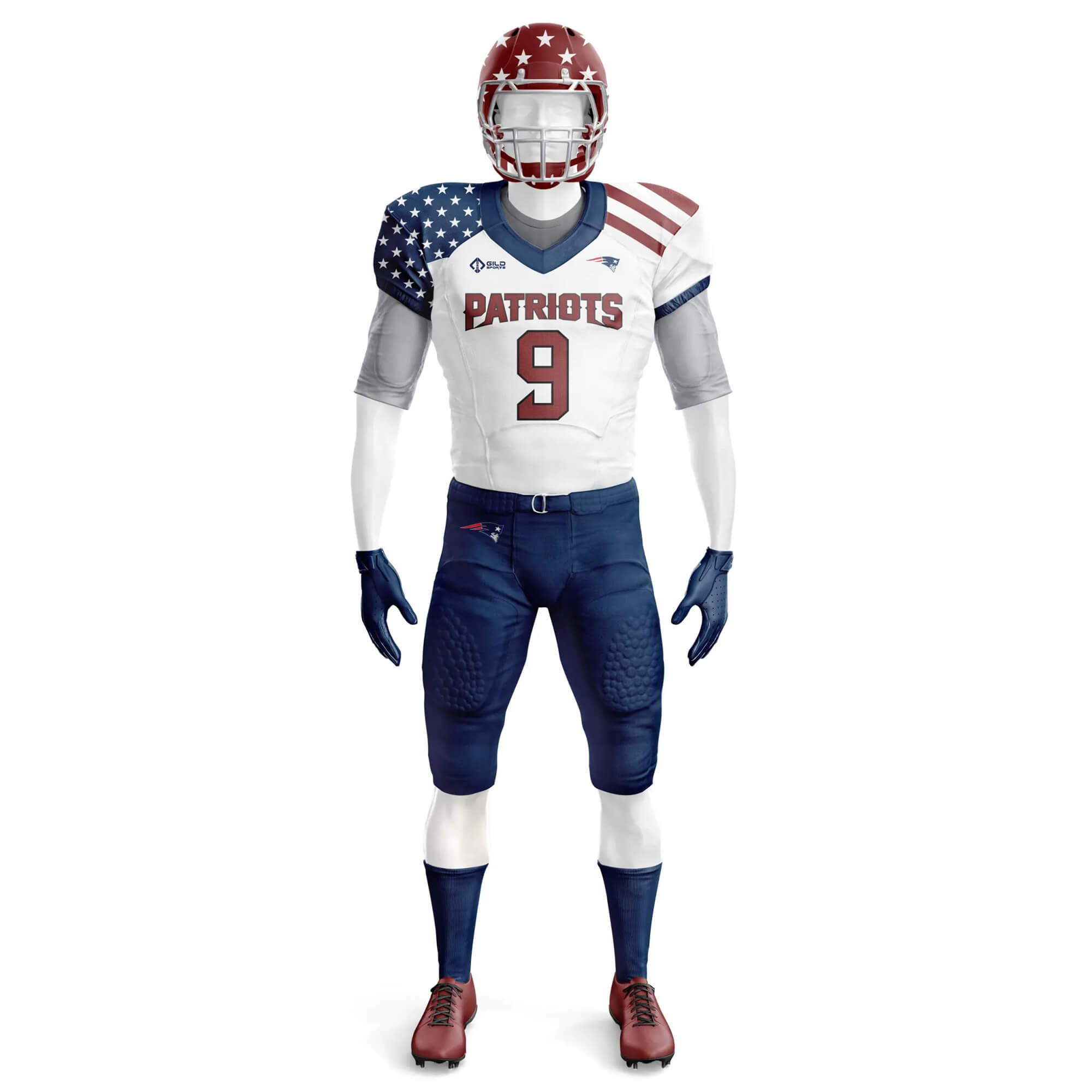 Front view in USA Flag Colors custom football game uniforms