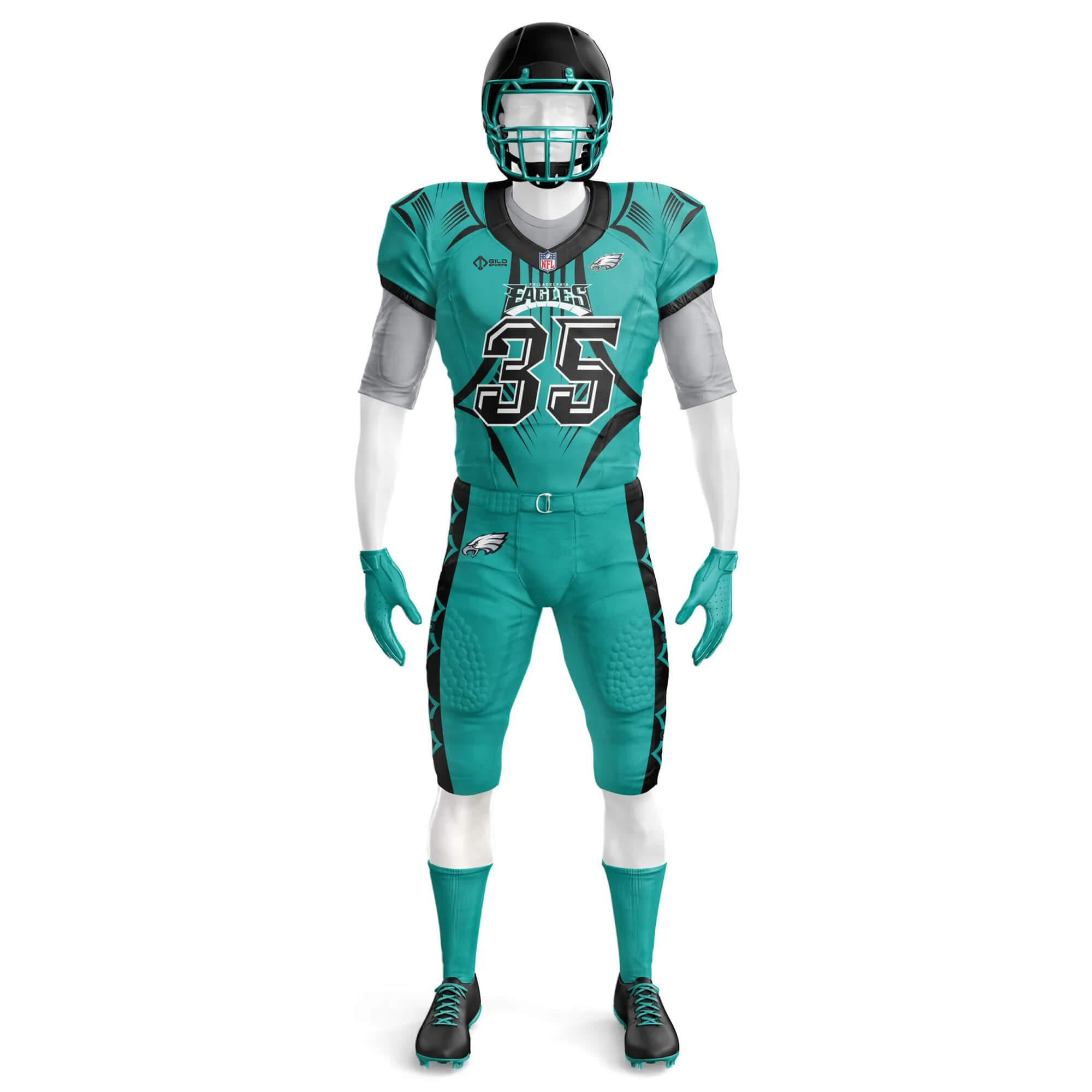 Front view sea green football pants and jerseys