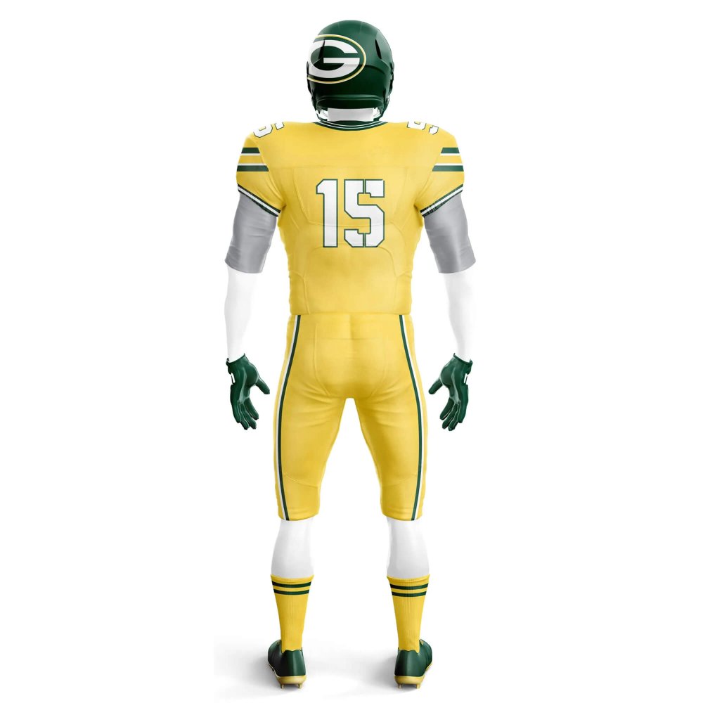 Back view in yellow color custom team football jerseys & pants