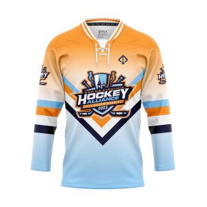 Front view of orange and sky Hockey Jersey Designer