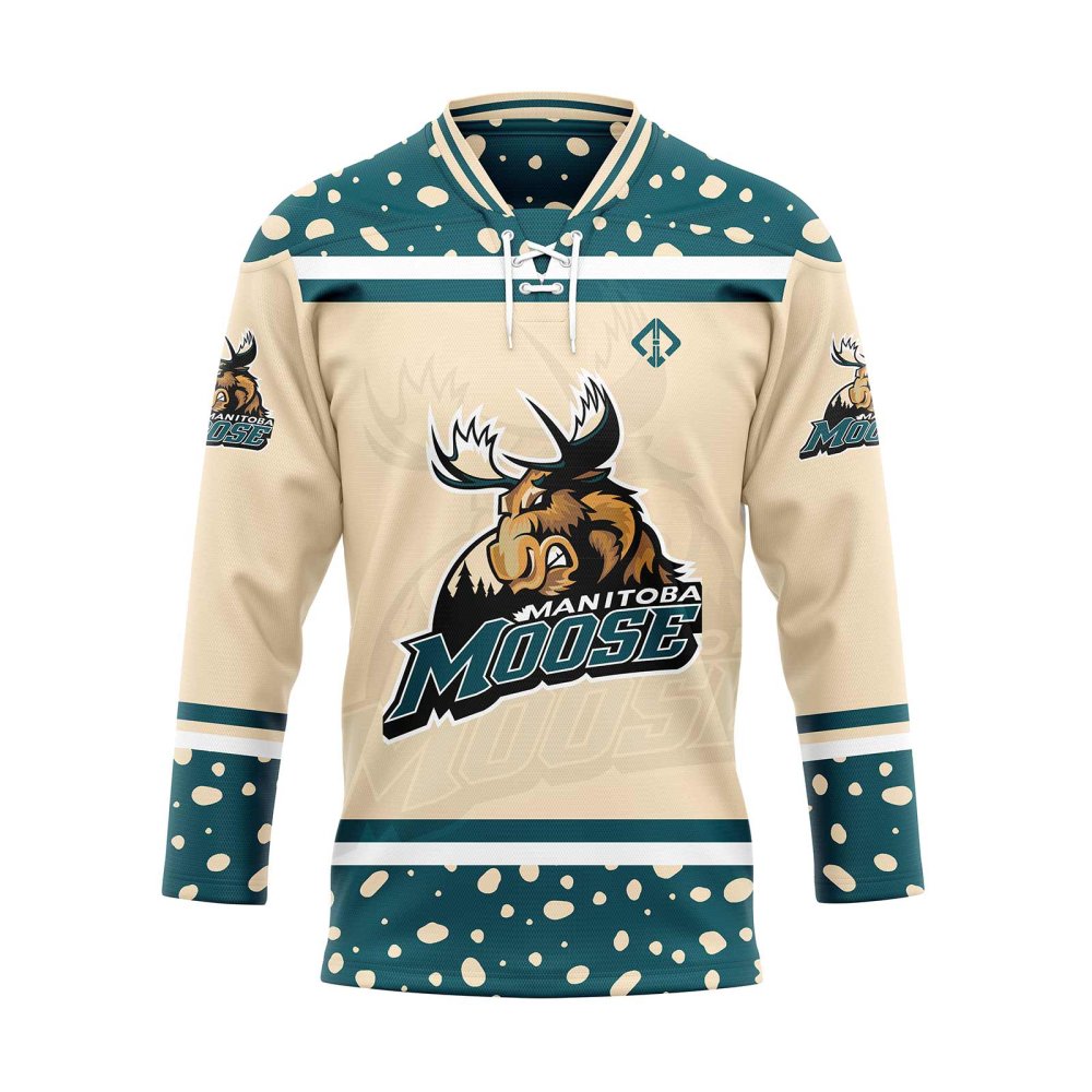 Front view in beige custom reversible hockey jerseys