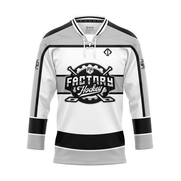 Front view in grey and white ice hockey jersey design