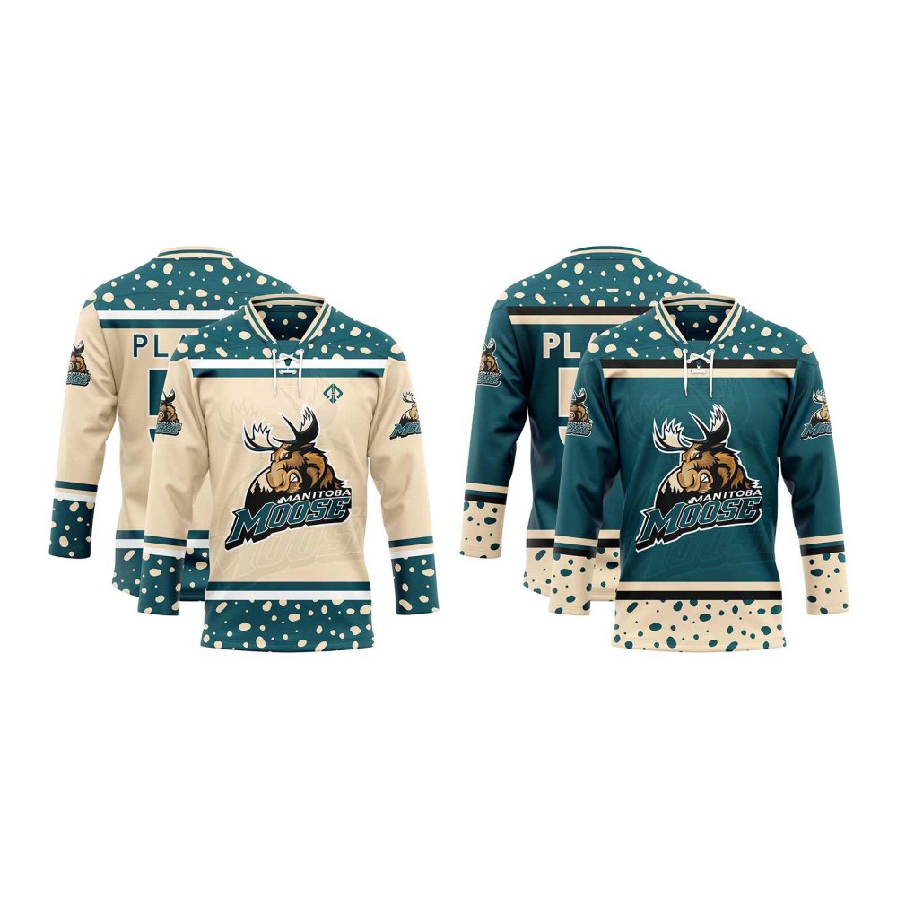 Double view in beige and green custom reversible hockey jerseys