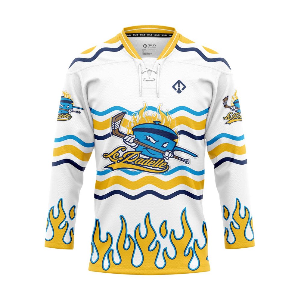 Front view of white designer hockey jerseys