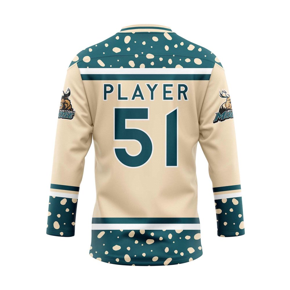 Back view in beige custom reversible hockey jerseys