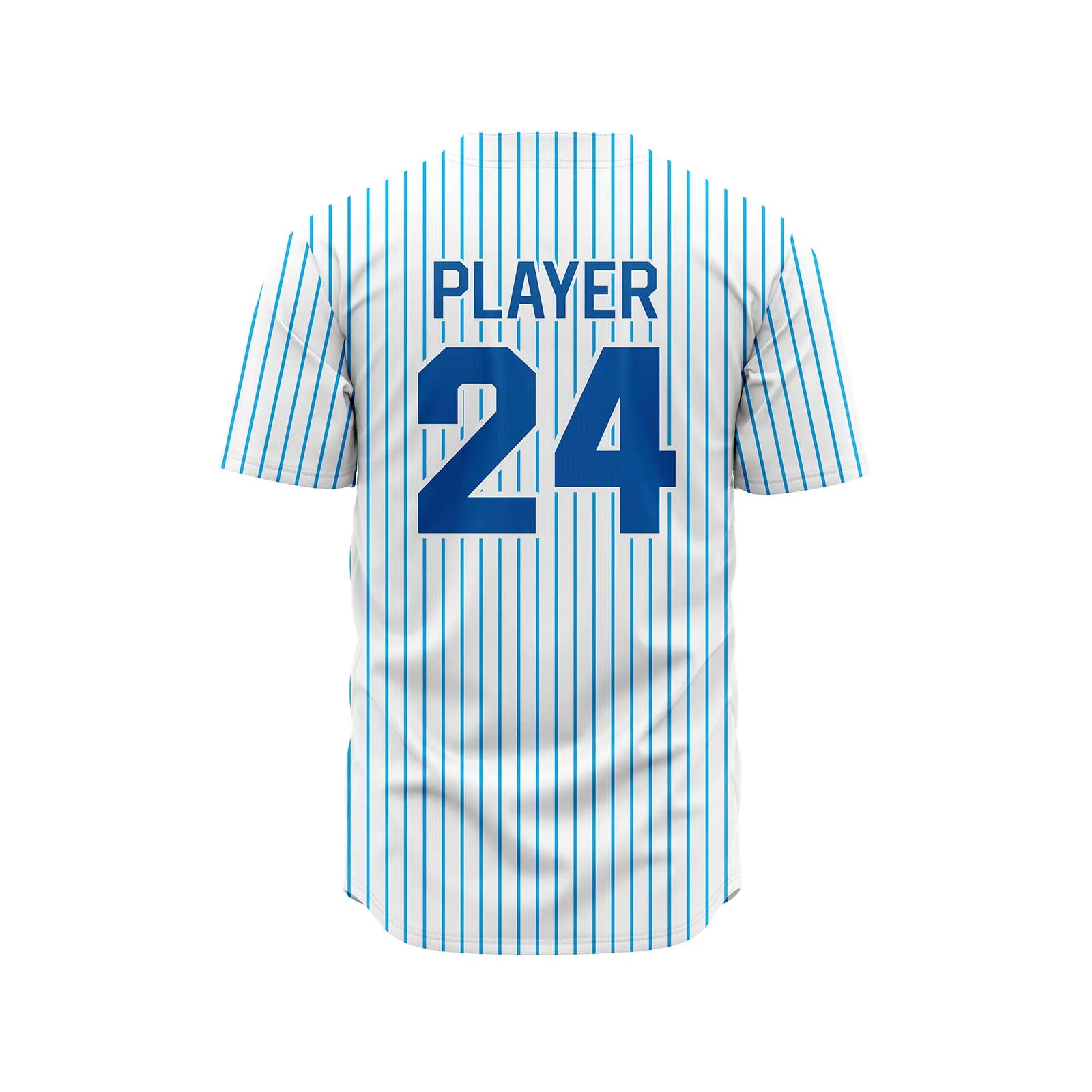 Back view in white and royal blue pine stripe color custom pinstripe baseball jersey