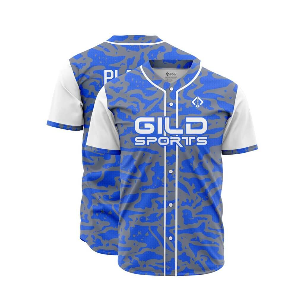 Double view in blue and grey camo color custom baseball jerseys canada