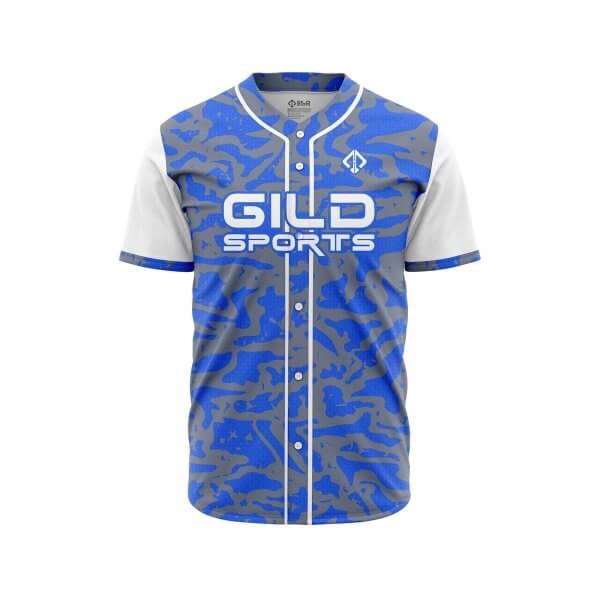 Front view in blue and grey camo color custom baseball jerseys canada