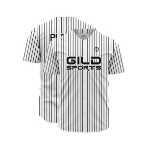 Double view in white and black pine stripe color custom baseball jersey builder