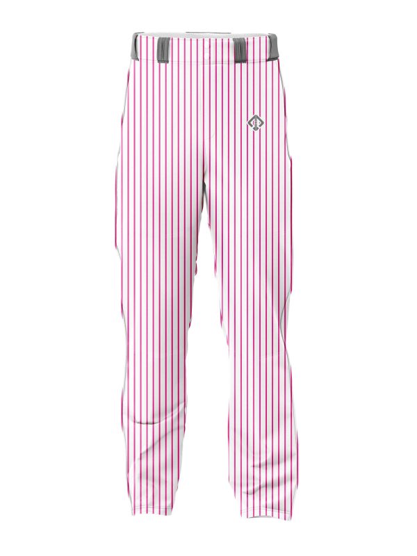 Front view white with pink stripes Women's Baseball Pants by gild sports