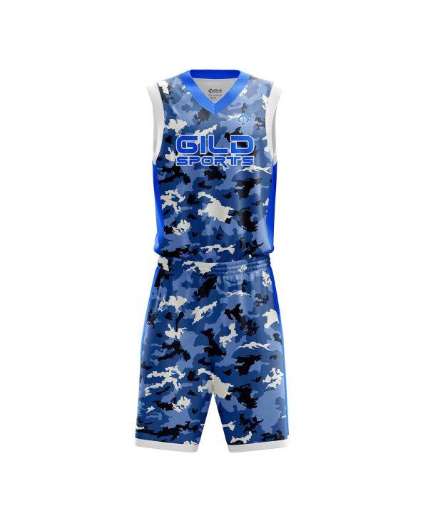 Front view camo color custom basketball uniform by Gild Sports