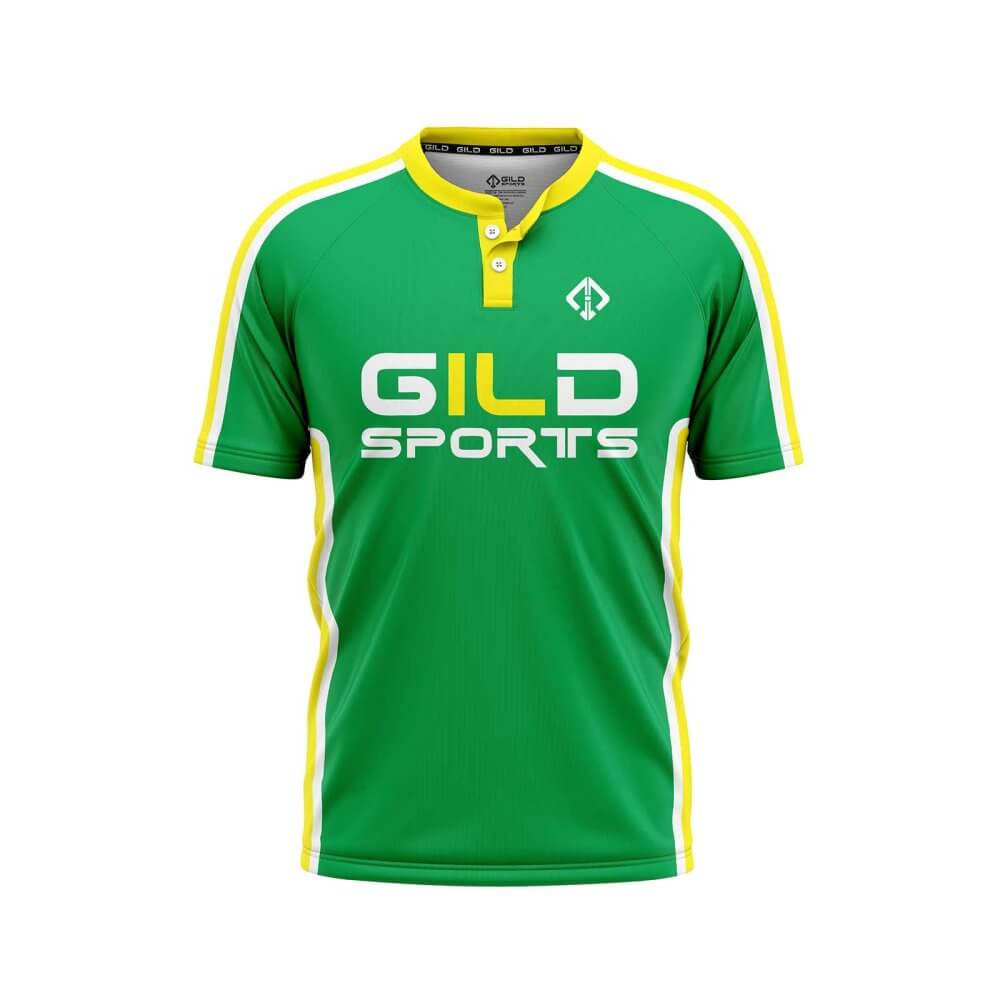 Front view of green and yellow color a baseball jersey design made by gild sports