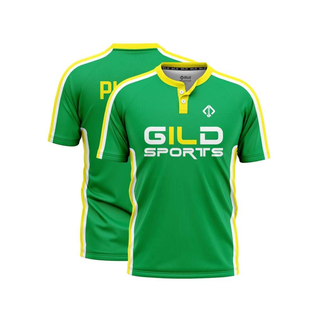 Green and yellow color a baseball jersey design made by gild sports