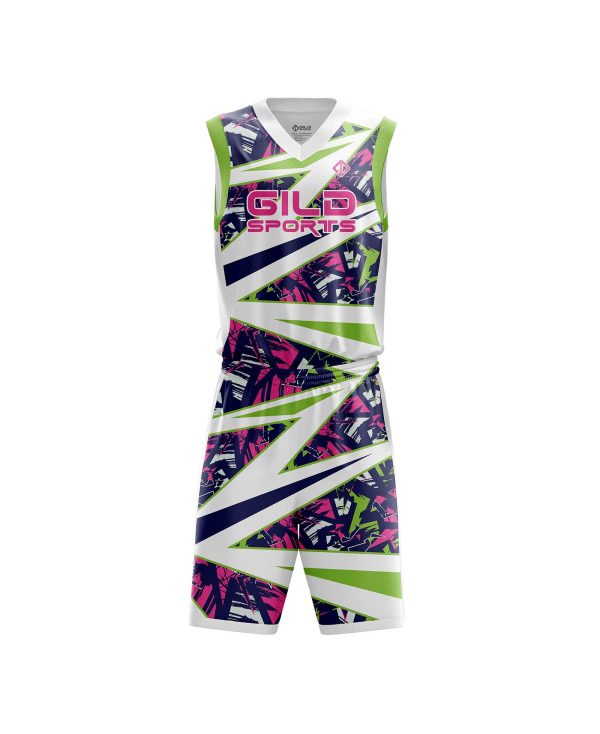 Front view White and black personalized basketball clothing by Gild Sports