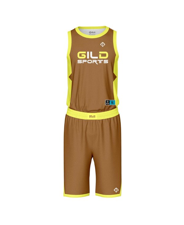 Front view Brown and yellow color custom basketball uniforms by Gild Sports