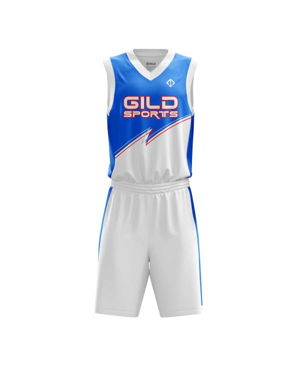 Front view Royal Blue and White design for basketball uniform by Gild Sports