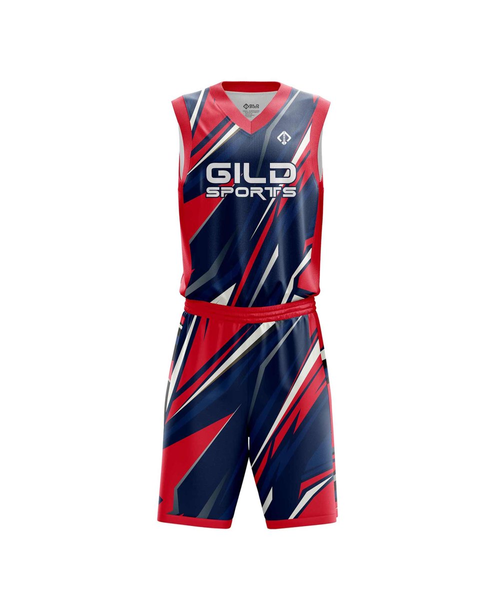 Front view red color customized basketball uniforms canada by gild sports