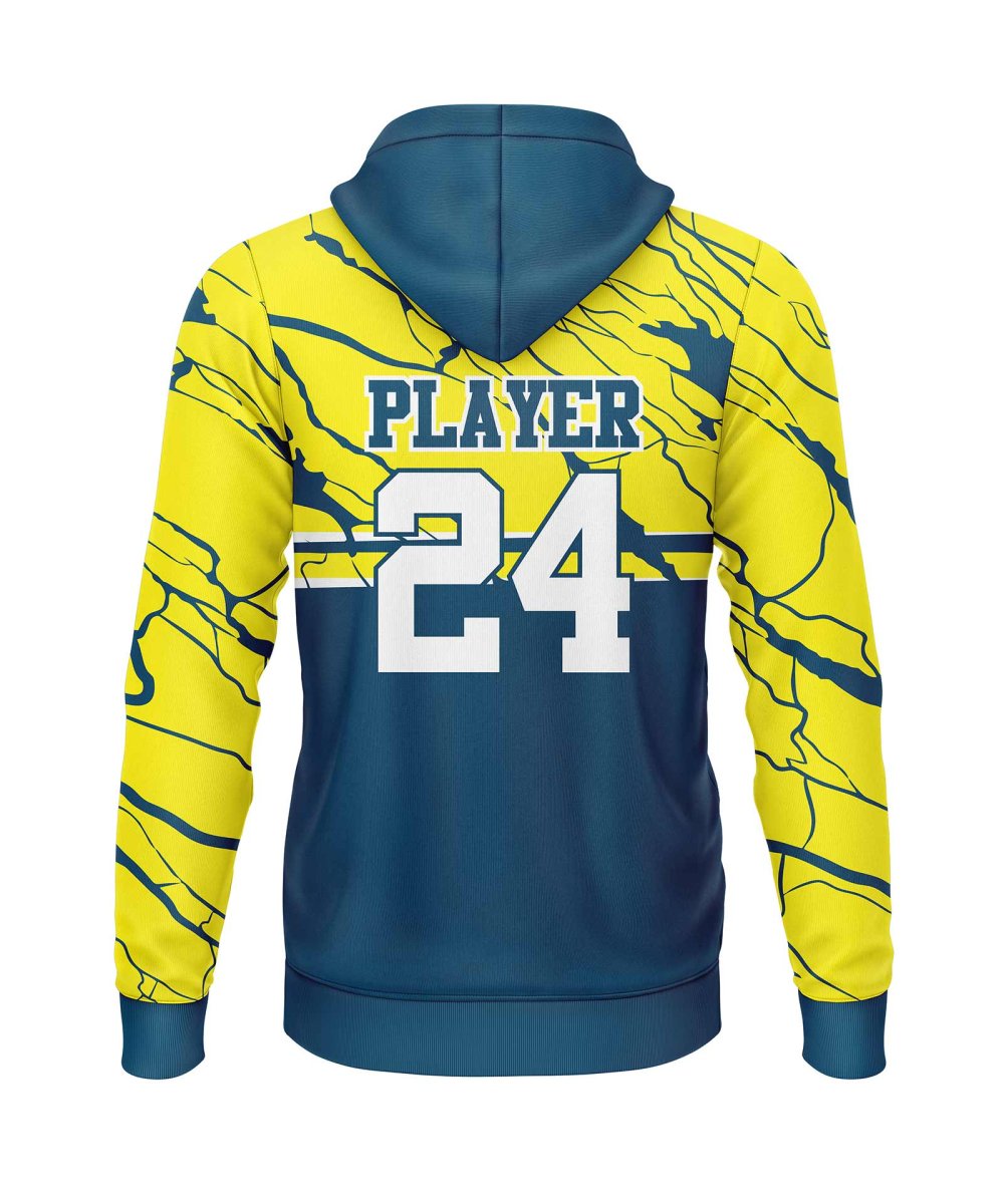 Back view yellow and dark green custom hockey hoodie by gild sports