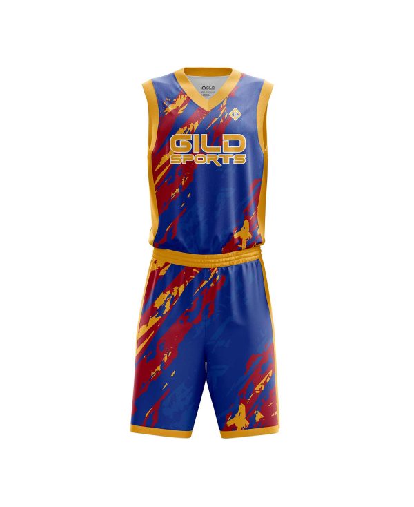 Front view Red and blue customized basketball uniforms by Gild Sports