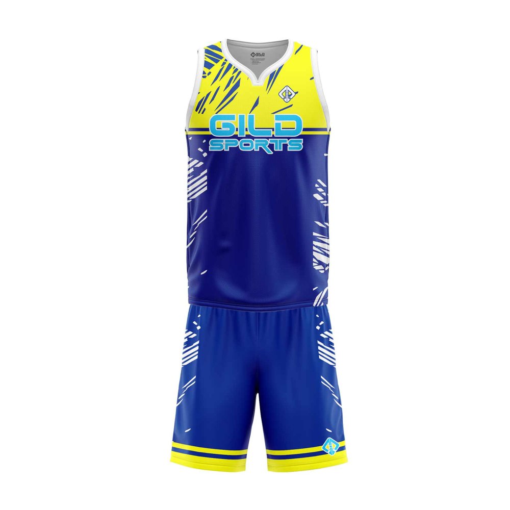 Front view royal blue and yellow color basketball uniform creator by gild sports