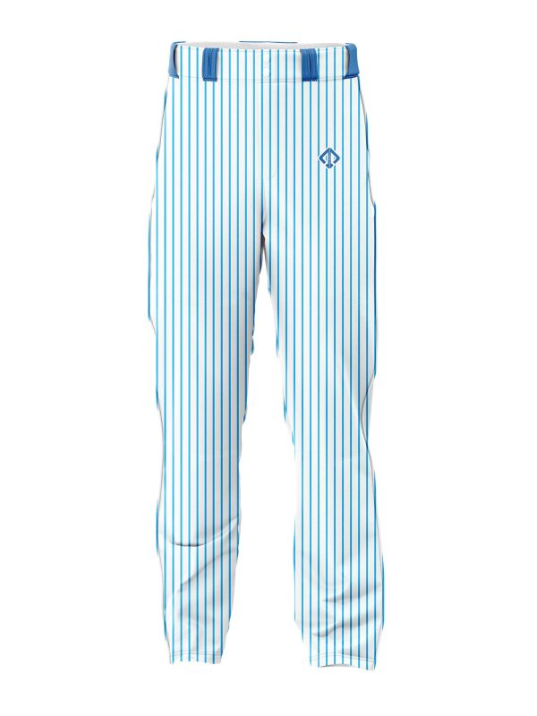 Front view white with blue stripes Custom Baseball Pants Youth by gild sports