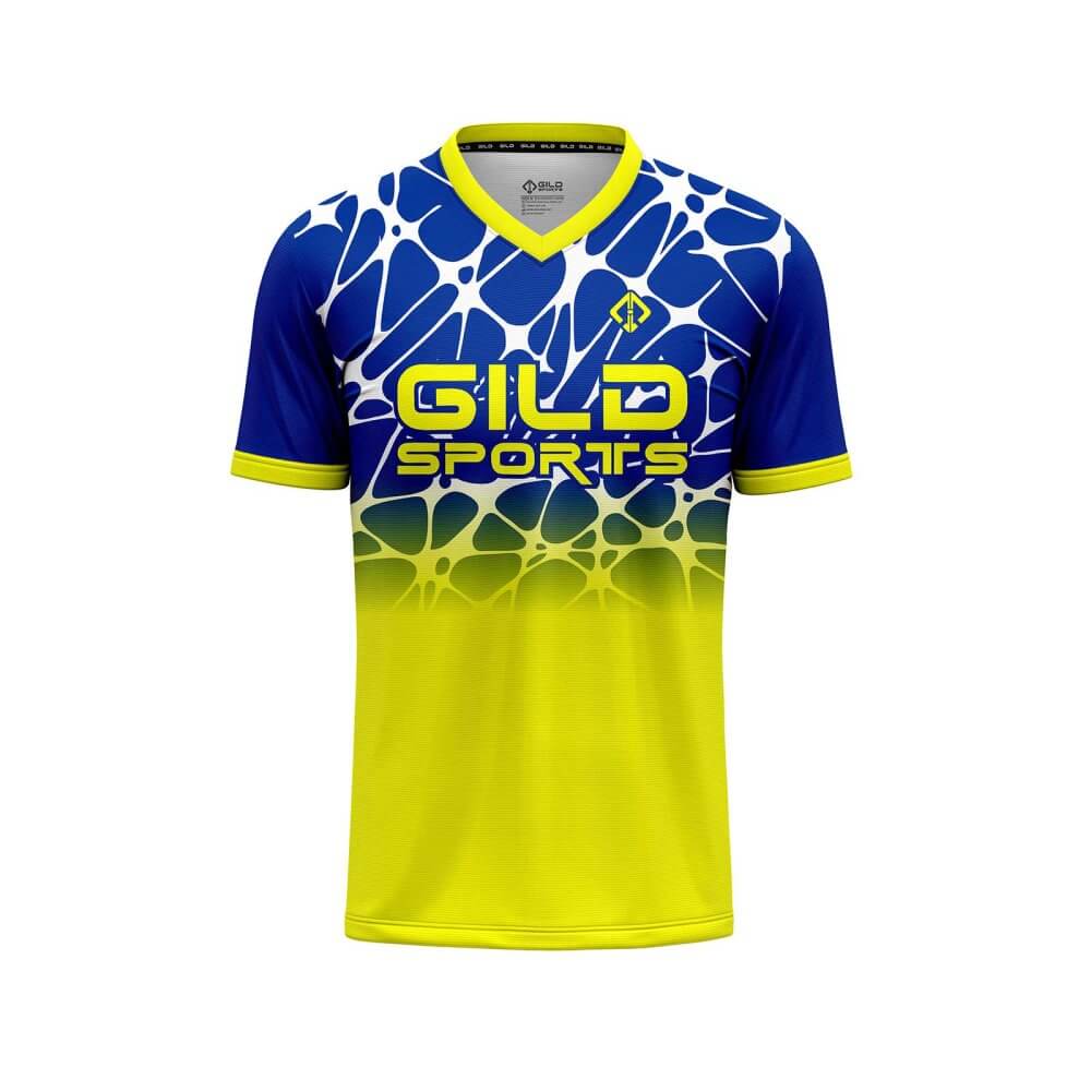 Front view Blue and yellow color baseball tee shirts by gild sports