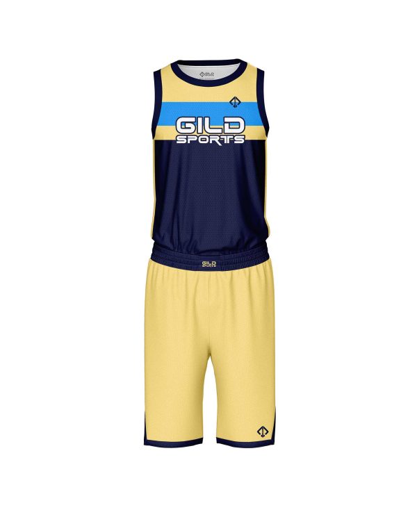 Front view cream and navy basketball clothing by gild sports