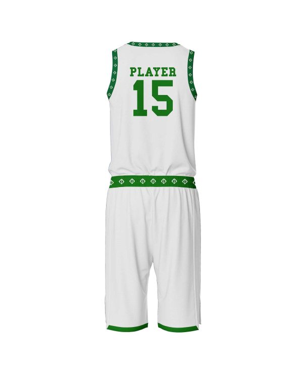 Back view White and green Cheap basketball uniform by Gild Sports