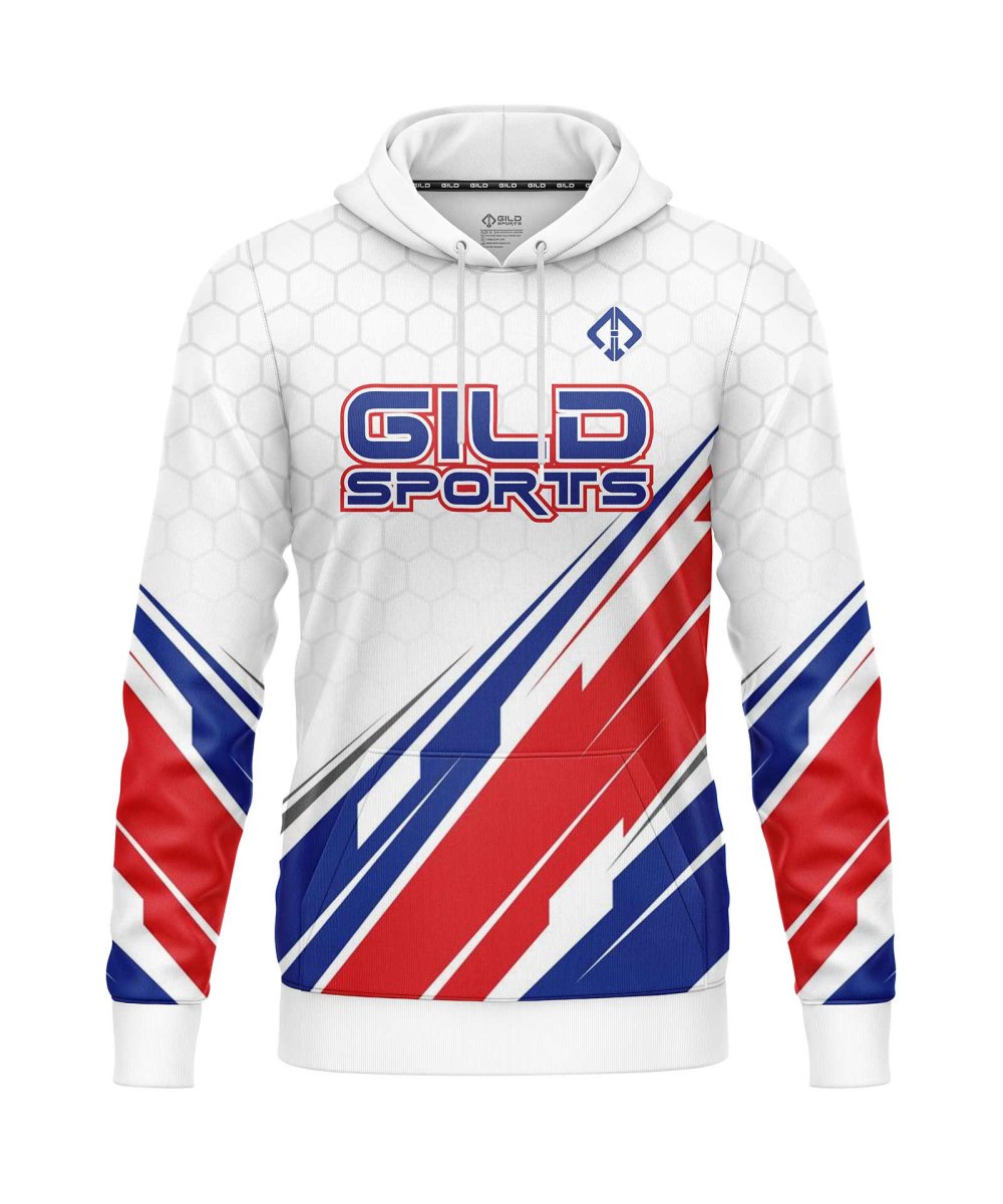 Front view white blue and red color custom hoodies canada by gild sports