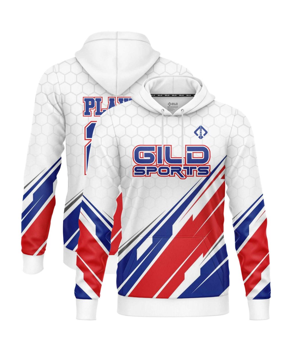 White blue and red color custom sublimated hoodies by gild sports