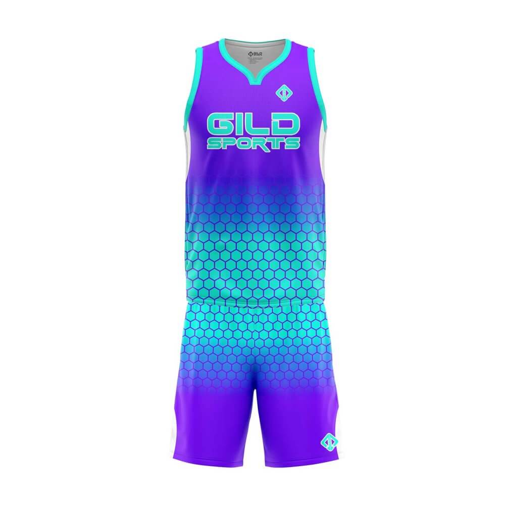 Front view Purple and sky blue personalized design basketball uniforms by Gild Sports