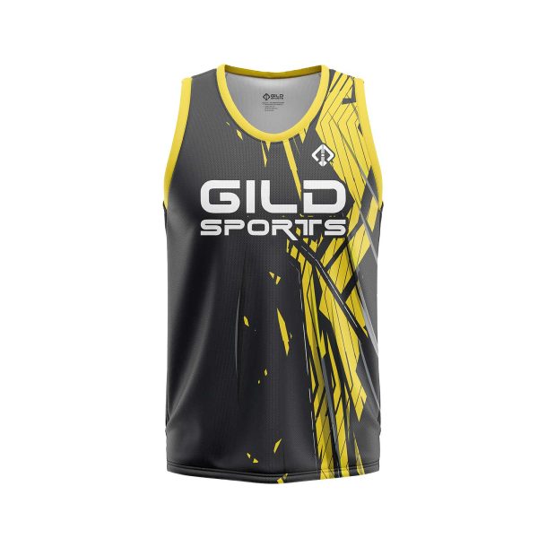 Front view in Black and yellow color Custom Jersey Basketball by Gild Sports